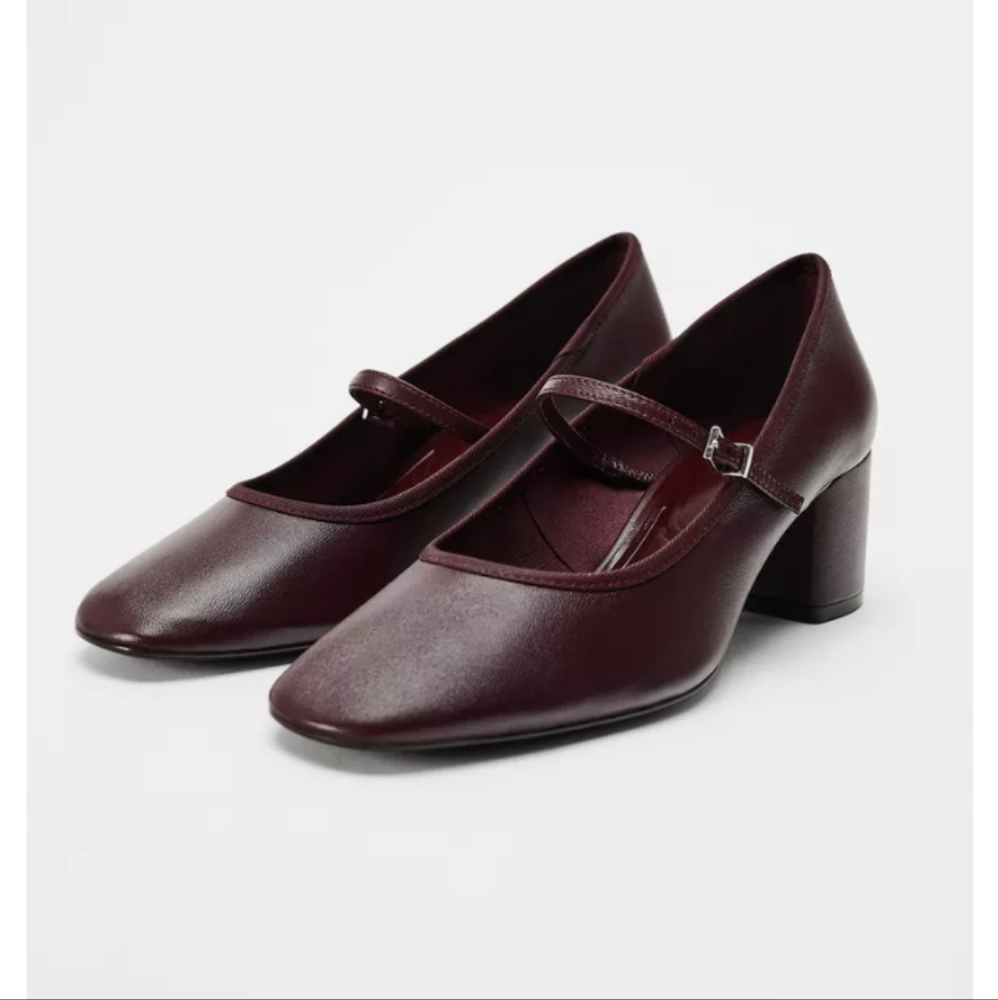 Zara Burgundy Mary Jane Block Heel Pumps